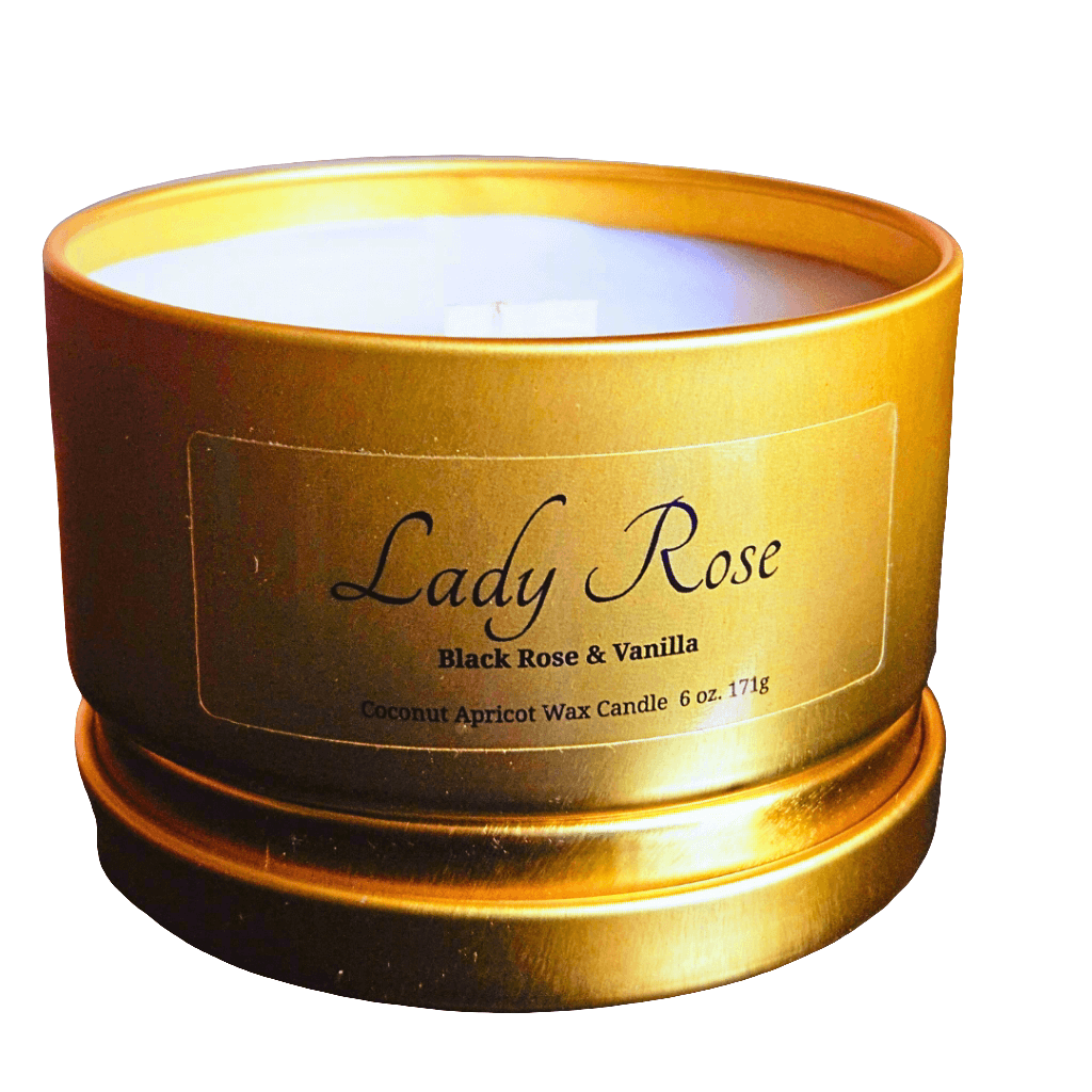 Elegant travel candle – rose, plum, vanilla & spice coconut wax candle in gold metal tin