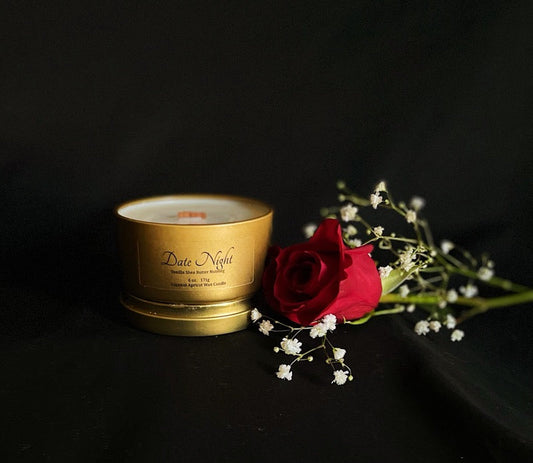 Date Night luxury scented candle. Perfect for a Romantic Date Night in or a relaxing evening at home. Made with eco-friendly, organic and natural ingredients. Sandalwood, vanilla, coconut scented wooden wick candle by Sensuous Aromas LLC 