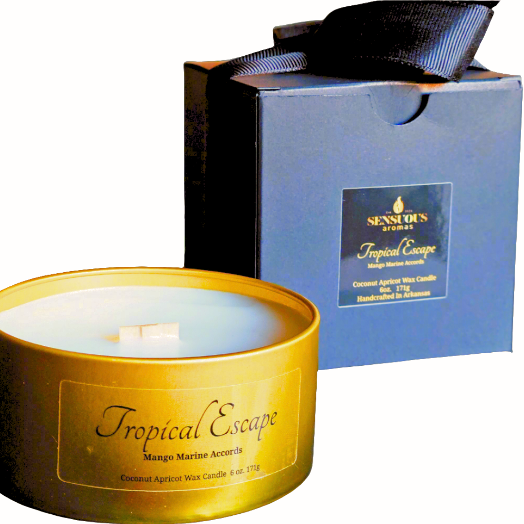 Handcrafted luxury coconut apricot wax candle made with cruelty-free plant-based ingredients. Tropical Escape notes of coconut, mango, citrus, and musk designed to create romantic memorable moments with fragrances that bond hearts.