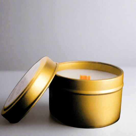 Self-Care travel-sized 3 oz candle gold tin with calming bamboo, eucalyptus, and geranium spa scent