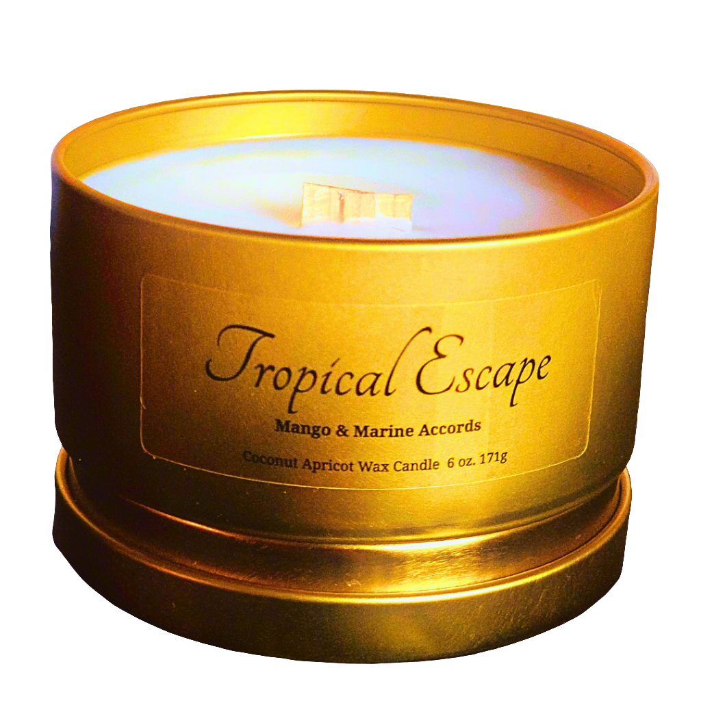 Handcrafted luxury coconut apricot wax candle made with cruelty-free plant-based ingredients. Tropical Escape notes of coconut, mango, citrus, and musk designed to create romantic memorable moments with fragrances that bond hearts.