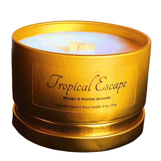 Travel luxury candle in gold metal tin – mango, citrus & marine accords coconut wax candle for romantic escapes