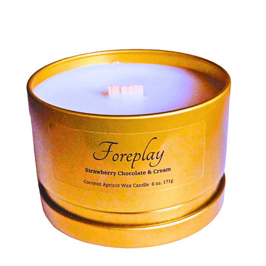 Foreplay luxury eco-friendly strawberry, whipped vanilla and kiss of dark chocolate scented candle in a gold metal tin
