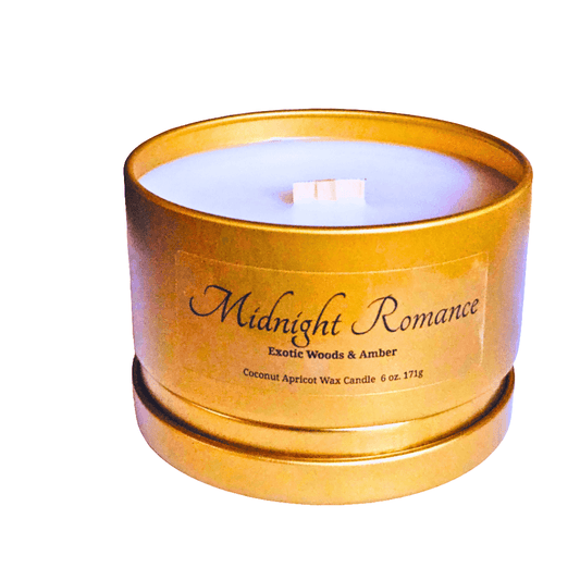 Midnight Romance sandalwood, amber, jasmine and vanilla orchids scented luxury candle in a modern gold travel tin