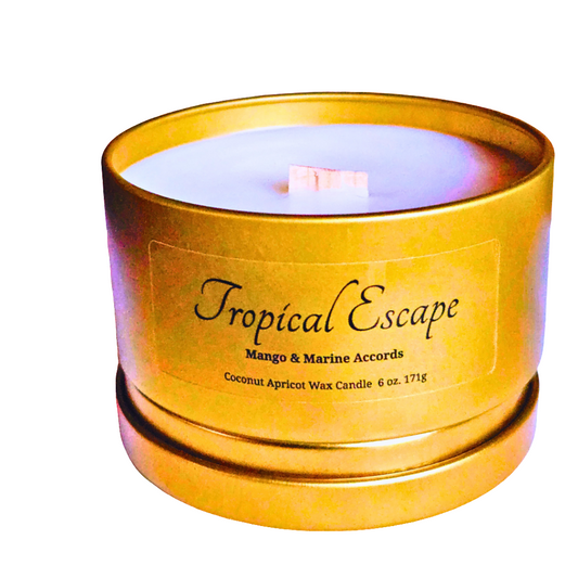 Handcrafted luxury coconut apricot wax candle made with cruelty-free plant-based ingredients. Tropical Escape notes of coconut, mango, citrus, and musk designed to create romantic memorable moments with fragrances that bond hearts.