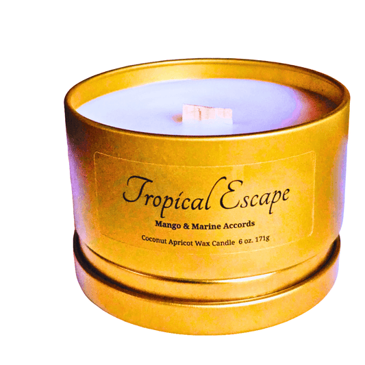 Travel luxury candle in a tin – mango, citrus & marine accords coconut wax candle for romantic escapes