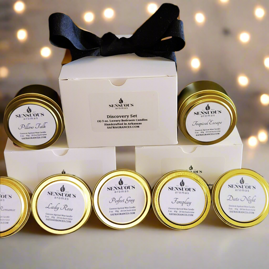 Luxury Discovery Candles gift set of 8 wooden wick candles handcrafted with natural, cruelty-free, hypoallergenic ingredients 