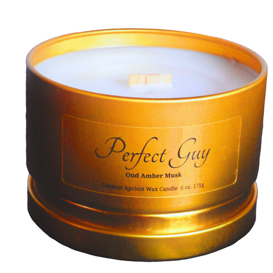 Masculine travel candle oud, amber & musk coconut wax scented candle in gold metal tin