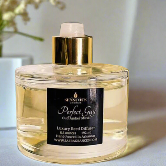Luxury masculine reed diffuser for men – oud, amber & musk scent for confidence, romance & long-lasting flame-free home fragrance. Free of toxins, phthalates and parabens