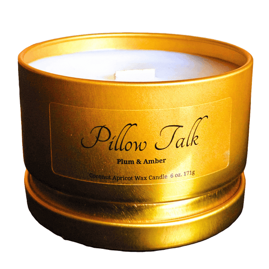Luxury travel candle in gold metal tin – plum, amber & vanilla coconut wax candle for couples